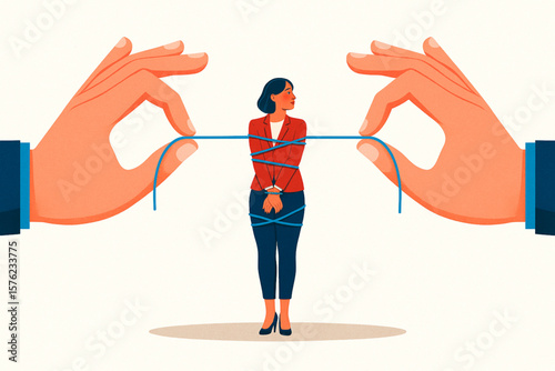 A businesswoman is bound by blue string held by large hands, symbolizing control, manipulation, and work related stress in the professional environment.