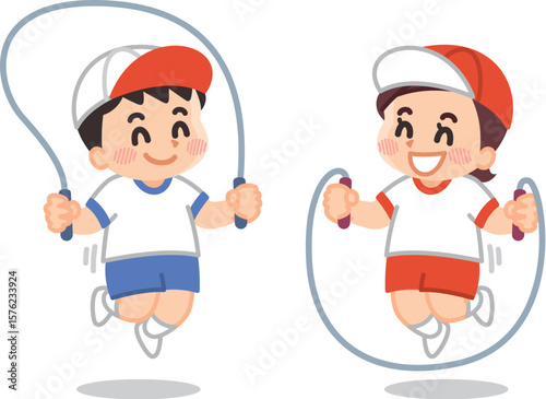 体操服を着ている子供が縄飛びをしている