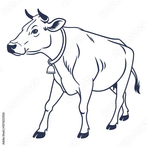 Simple Line Drawing of a Cow with a Bell Around Its Neck, Artistic Minimalist Animal Illustration for Nature or Farming Themes in Digital Art