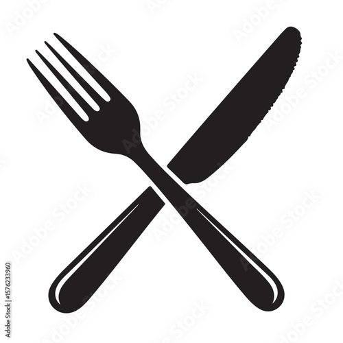 Black and white crossed knife and fork illustration, restaurant icon.