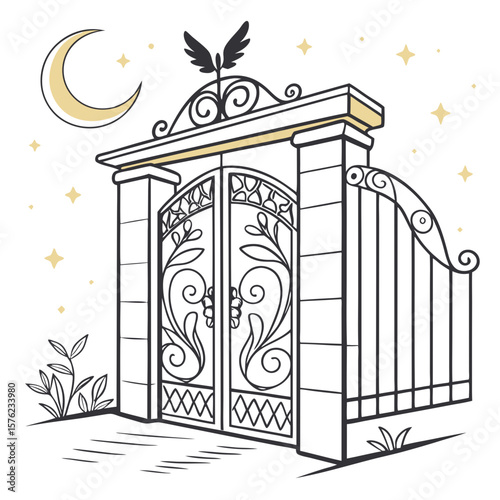 Elegant wrought iron garden gate with intricate swirling patterns and decorative finials under a crescent moon and starry sky in a minimalist