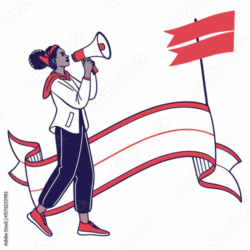 Illustration of a woman protesting with a megaphone and waving banners emphasizing social activism and community voice with bold colors and modern