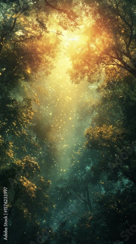 Sunlight Streaming Through Forest Canopy with Golden Dust
