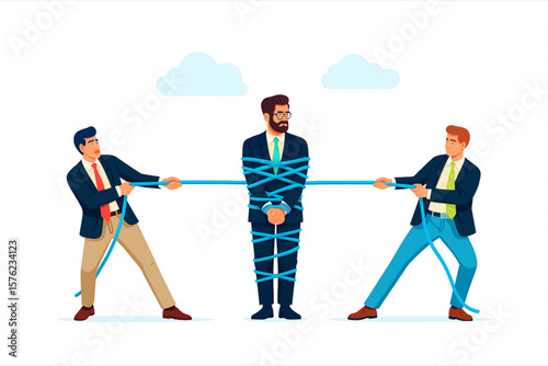 Business competition is illustrated with two rival businessmen pulling a rope against another executive, showcasing teamwork and office conflict.