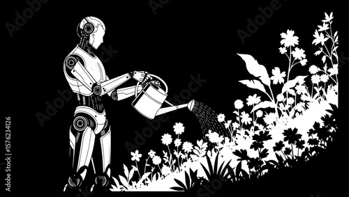 A futuristic robot carefully waters a garden of blooming flowers with a watering can, symbolizing technology nurturing nature