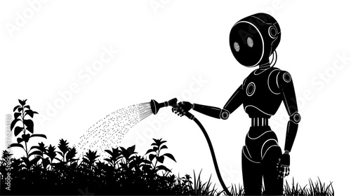 A sleek robot uses a hose to water plants in a garden, representing the integration of technology with nature and growth