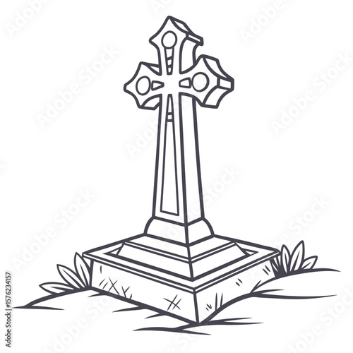 Minimalist Line Drawing of a Traditional Christian Cross Monument in a Cemetery Scene with Grass and Earth Elements Representing Faith and Memorials