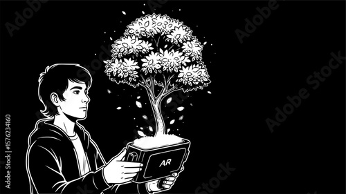 A young man wearing an ar headset interacts with a digital tree growing from a tablet, symbolizing the fusion of technology and nature