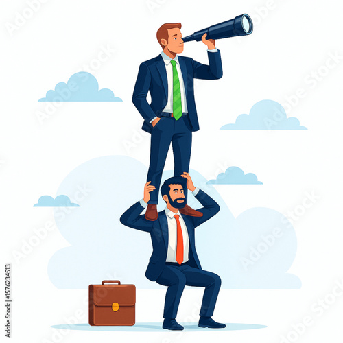 A businessman stands on shoulders using a telescope to look into the future, representing teamwork, vision, and achieving goals in business.