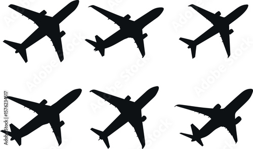 Six black silhouettes of commercial airplanes in various flight positions against a plain white background.