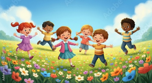 Happy Children Playing Together in a Sunny Flower Field Full of Joy and Laughter
