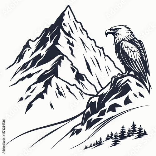 Majestic mountain landscape featuring a soaring eagle perched on rocky terrain with pine trees below highlighting nature's grandeur and wilderness