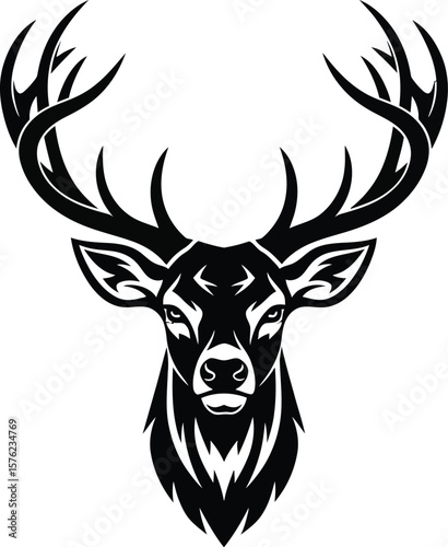 A stylized black and white illustration of a deer head with large antlers on a white background on transparent background silhouette