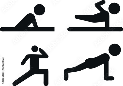 Simple black and white stick figure icons depicting various exercise poses.Circuit Training Icons. Solid, filled icons set of full-body circuit training: push-up, squat, jumping jack,