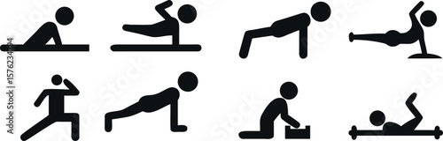 Simple black and white stick figure icons depicting various exercise poses.Circuit Training Icons. Solid, filled icons set of full-body circuit training: push-up, squat, jumping jack,