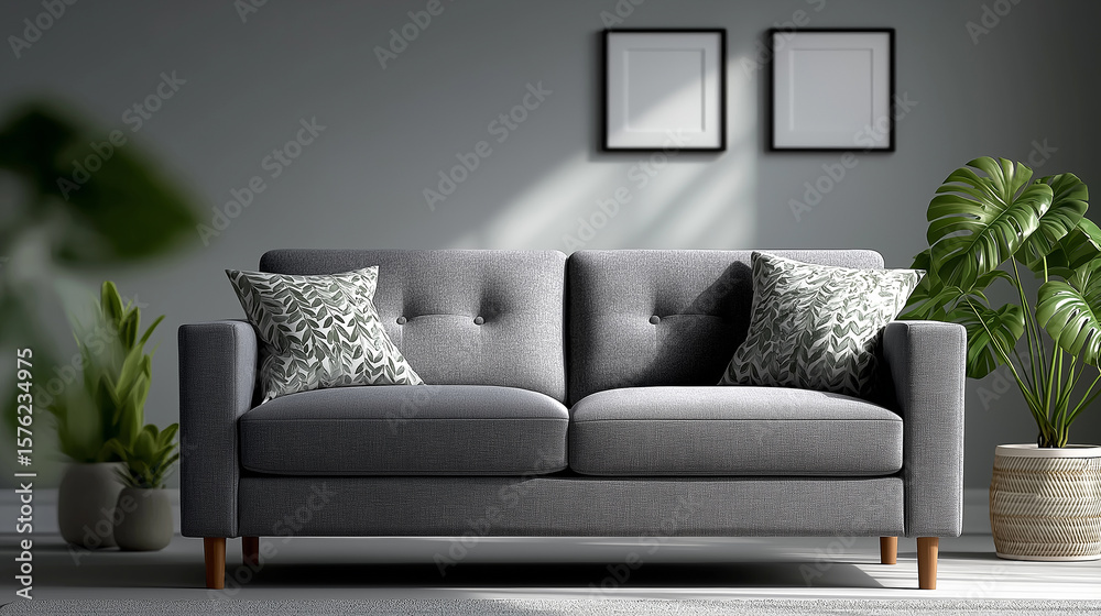 Fototapeta premium Stylish Home Interior with Grey Couch and Decorative Plants – Scandinavian Minimalist Living Space Concept, modern living room, grey sofa, interior design, minimalist home, indoor plants, home decor, 