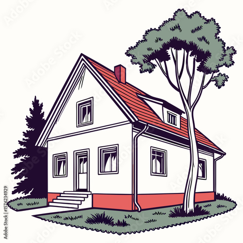 Charming two-story house with a red gabled roof nestled among tall trees in a tranquil suburban setting