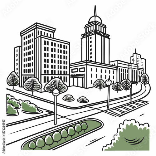 Stylized black and white line drawing of a modern cityscape featuring high-rise buildings, a courthouse, and an urban park with trees and pathways