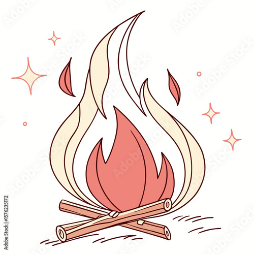 Whimsical illustration of a cozy campfire with flickering flames and floating leaves surrounded by playful sparkles and warm hues emphasizing