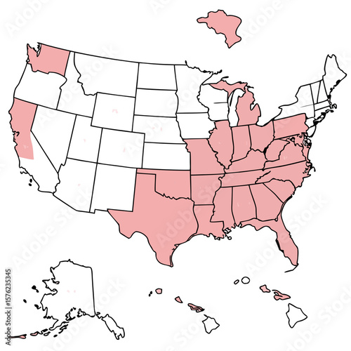United States map highlighting key regions in southern and eastern parts of the country in shades of pink with a focus on geographic distribution