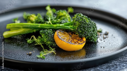 Tenderstem broccoli and charred lemon served in black plate