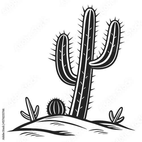 Stylized black and white cartoon desert scene featuring a tall cactus with multiple arms and smaller desert plants on sandy terrain for minimalist