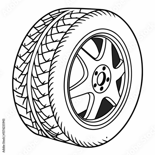 Detailed black and white illustration of a car tire with intricate tread pattern and alloy wheel design showcasing engineering precision and