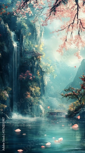 Waterfall and Cherry Blossoms Serene Mountain Landscape