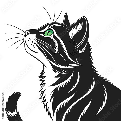 Stylized black and white illustration of a focused cat with vivid green eyes in profile view capturing feline elegance and attentive expression in a