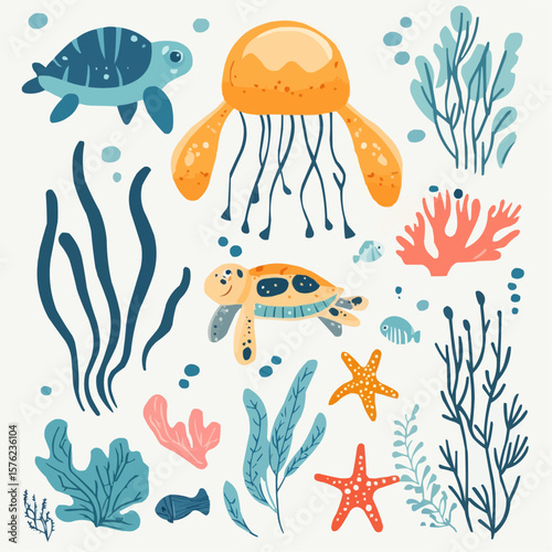 Cute sea animals clipart with jellyfish, starfish and turtle in soft cheerful design, ideal for nursery prints, kids room wall art or playful summer decoration