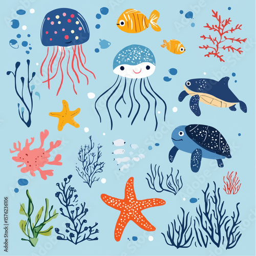 Playful underwater creatures clipart with jellyfish, starfish, sea turtle and coral in bright summer colors, perfect for packaging, digital paper or printable party decor