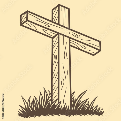 Symbolic wooden cross standing upright on grassy ground illustrating faith and spirituality in a simple yet profound manner