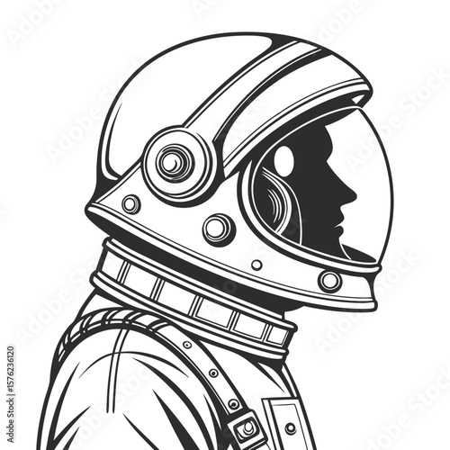 Minimalist Black and White Line Drawing of a Female Astronaut in Helmet with Detailed Suit Design