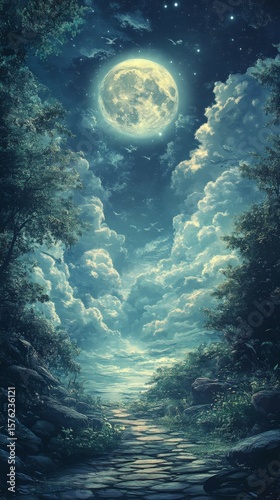Walking Path Under Moonlight and Cloudy Night Sky