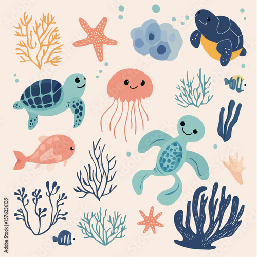 Cute sea animals clipart with jellyfish, starfish and turtle in soft cheerful design, ideal for nursery prints, kids room wall art or playful summer decoration
