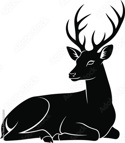 A stylized illustration of a black deer resting with large antlers on a white plain background on transparent background silhouette