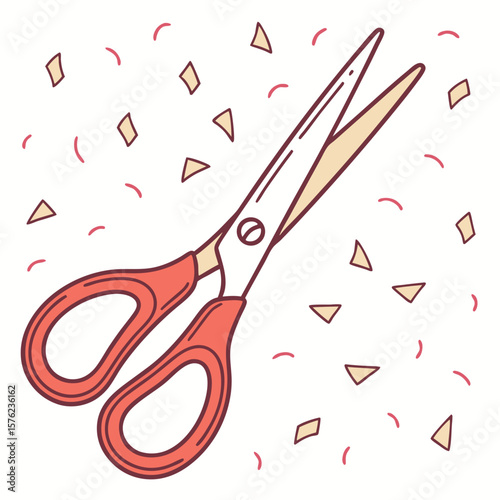 Simple Illustration of Scissors Cutting Paper with Confetti for Crafting and Creativity Celebrations