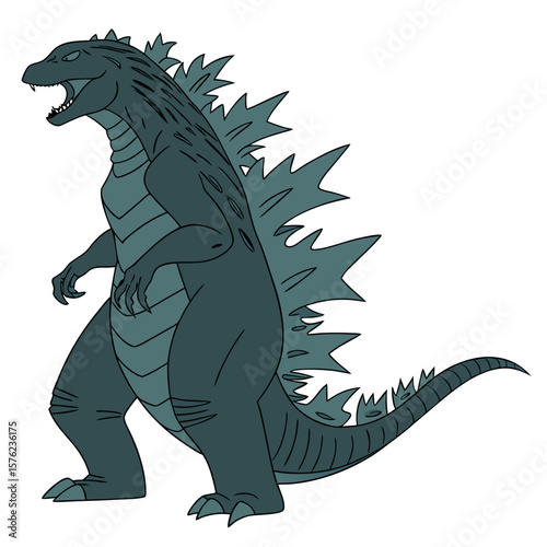 Illustration of a powerful mythical creature resembling a prehistoric dragon with spiky dorsal plates and a formidable stance for fantasy storytelling