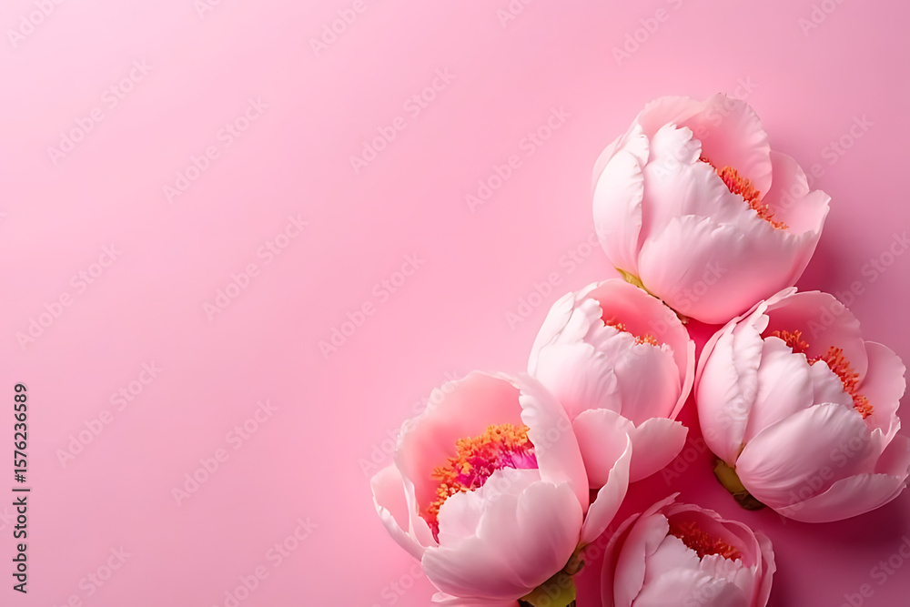 Fototapeta premium Pink peony flowers arrangement on a soft pink background with copy space floral nature spring bloom petals