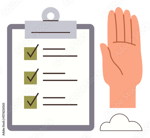 Clipboard with checklist and checks, raised hand symbolizing consent or readiness, and cloud for abstract thinking. Ideal for agreement, readiness, tasks, productivity, affirmation, responsibility