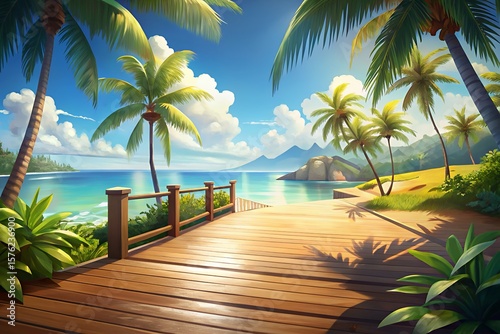 Vibrant tropical paradise with a wooden deck overlooking turquoise ocean and lush green mountains
