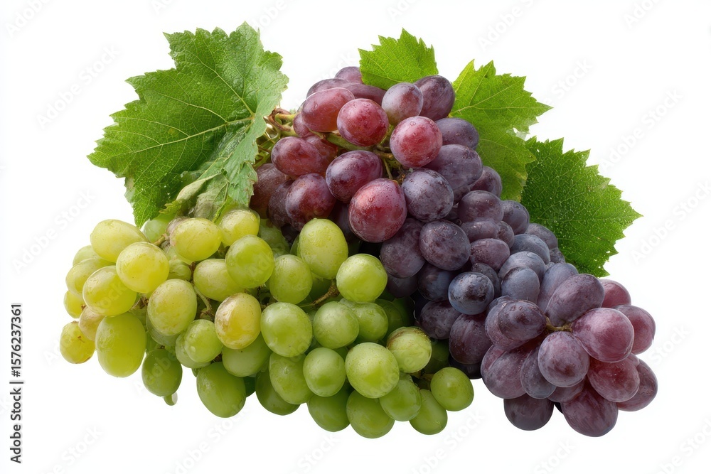 Obraz premium Freshly picked green and red grapes with water droplets and green leaves isolated on white background