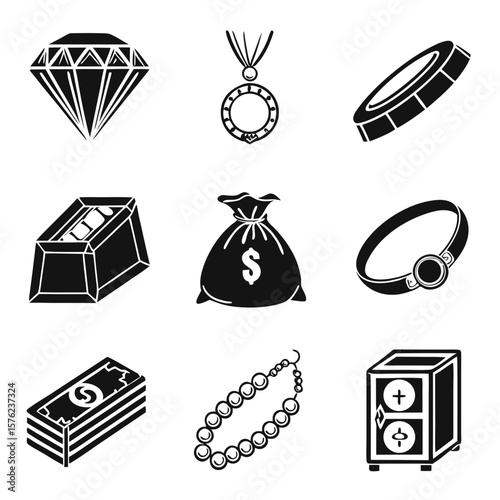 Minimalist collection of black and white icons showcasing jewelry including a diamond, necklace, ring, bracelet, pendant, gold bar, money bag,
