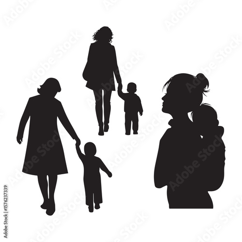 Mother with Children in Silhouette Vector Illustration