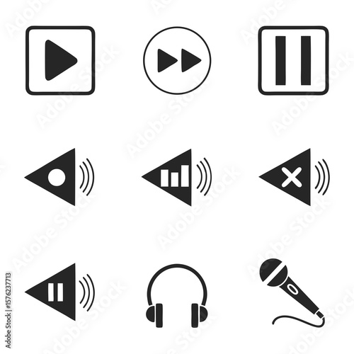 Collection of user interface media controls including play, pause, volume, and headphone icons for multimedia applications and device user experiences