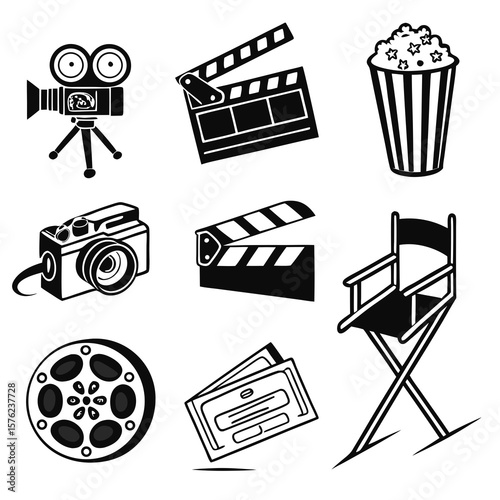 Collection of classic media production icons including camera, film reel, clapperboard, director's chair, and movie tickets illustrating film