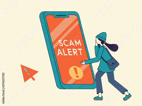 Mobile Alert Illustration with Scam Warning Message on Red Popup