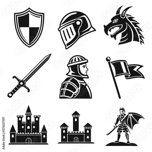 Medieval armor and heraldic symbols depicting knights shields swords castles and mythical creature designs suitable for historical or fantasy themed