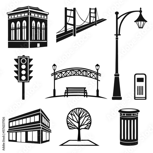 Diverse urban infrastructure icons illustrating city landmarks and public utilities in minimalist black and white style