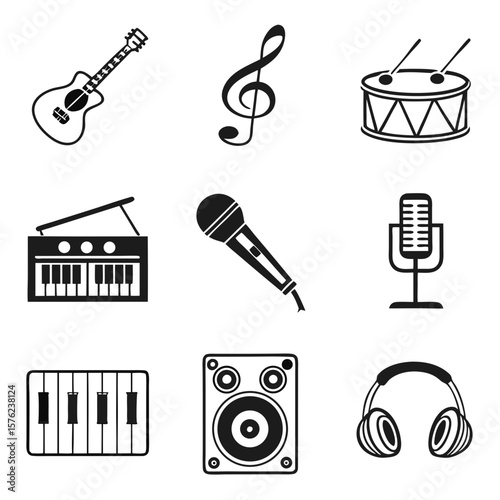 Variety of musical instruments and audio equipment icons illustrating diverse sound production devices and music components for creative design
